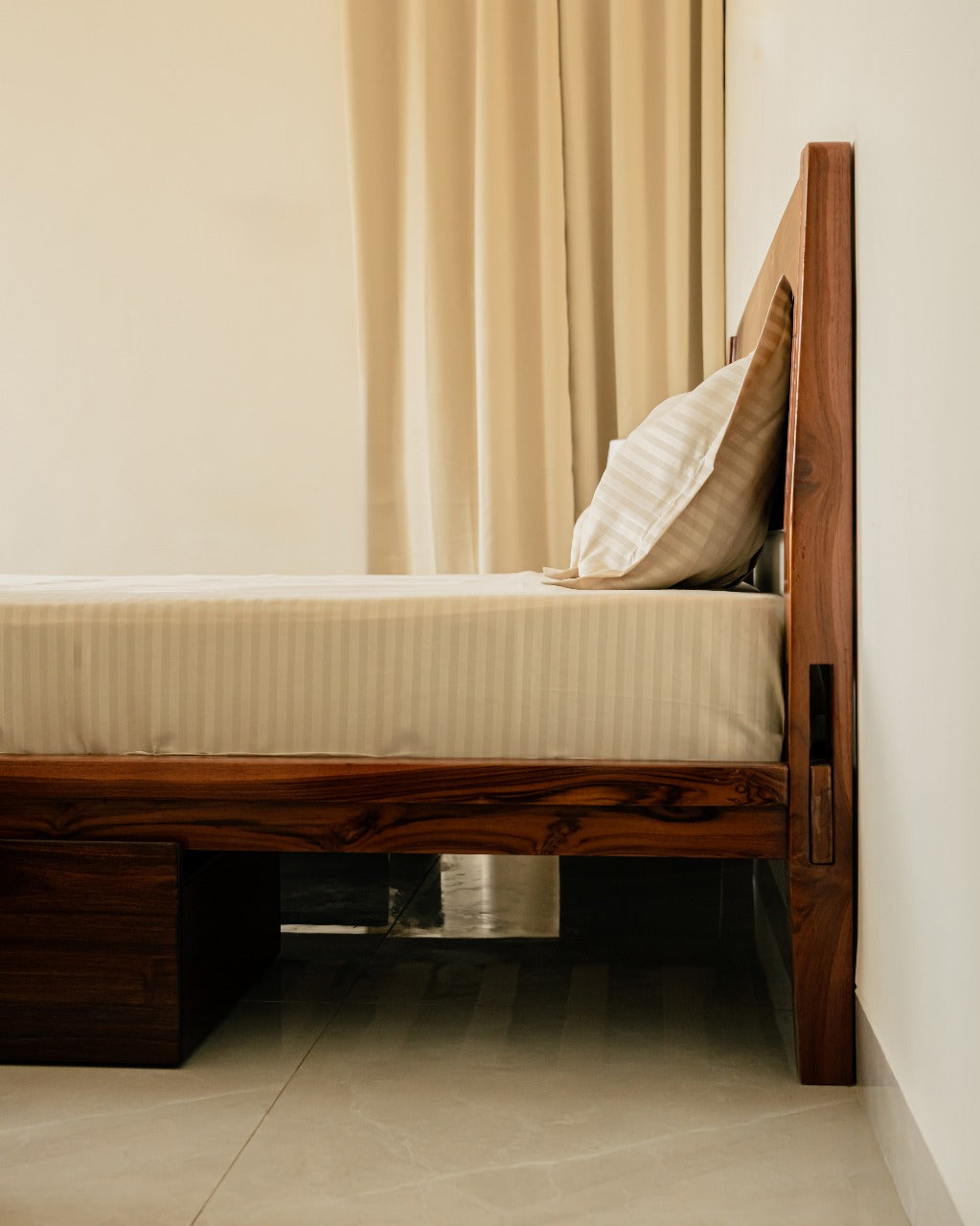 Walnut color bed with headboard