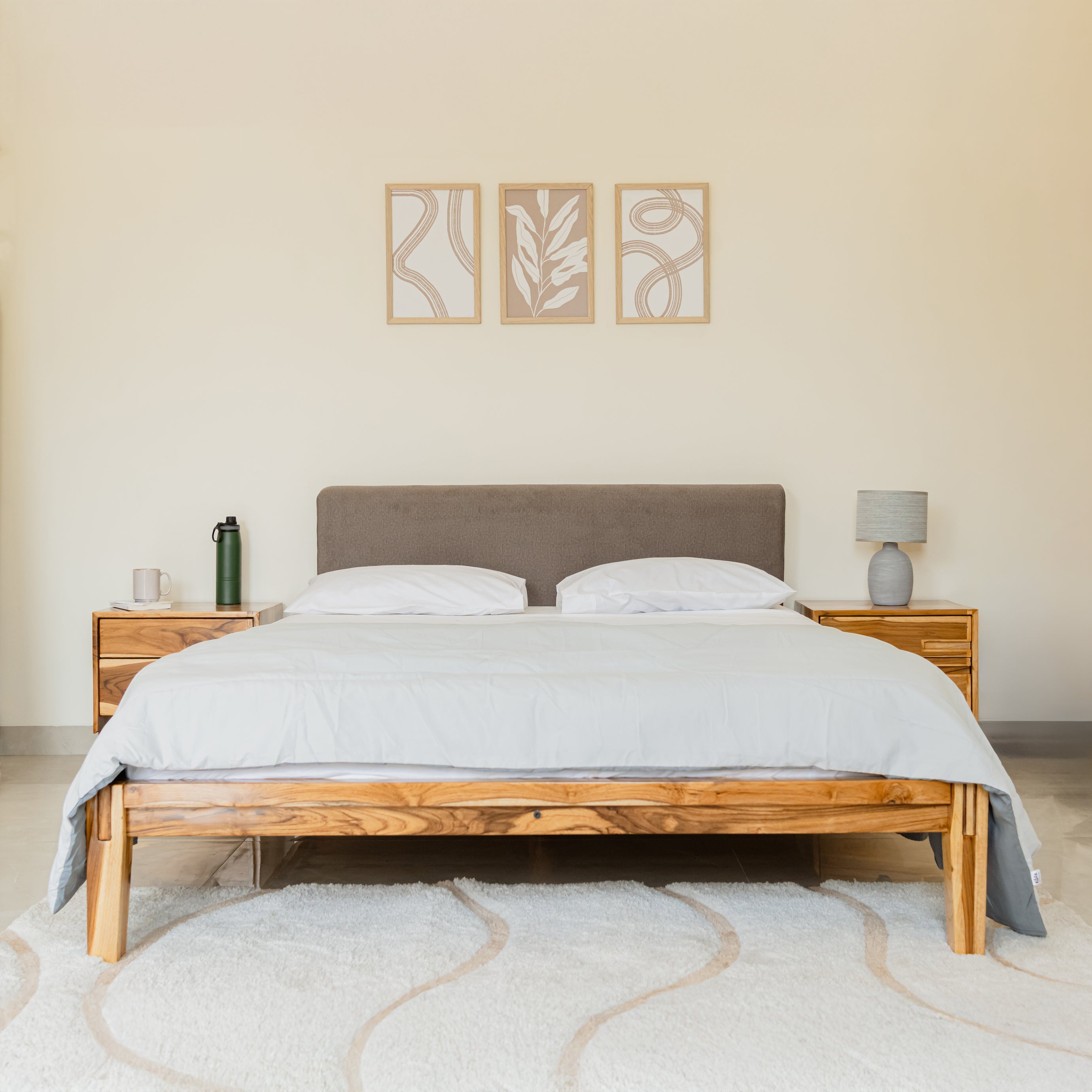 wooden bed with pillowboard in Natural Teak color