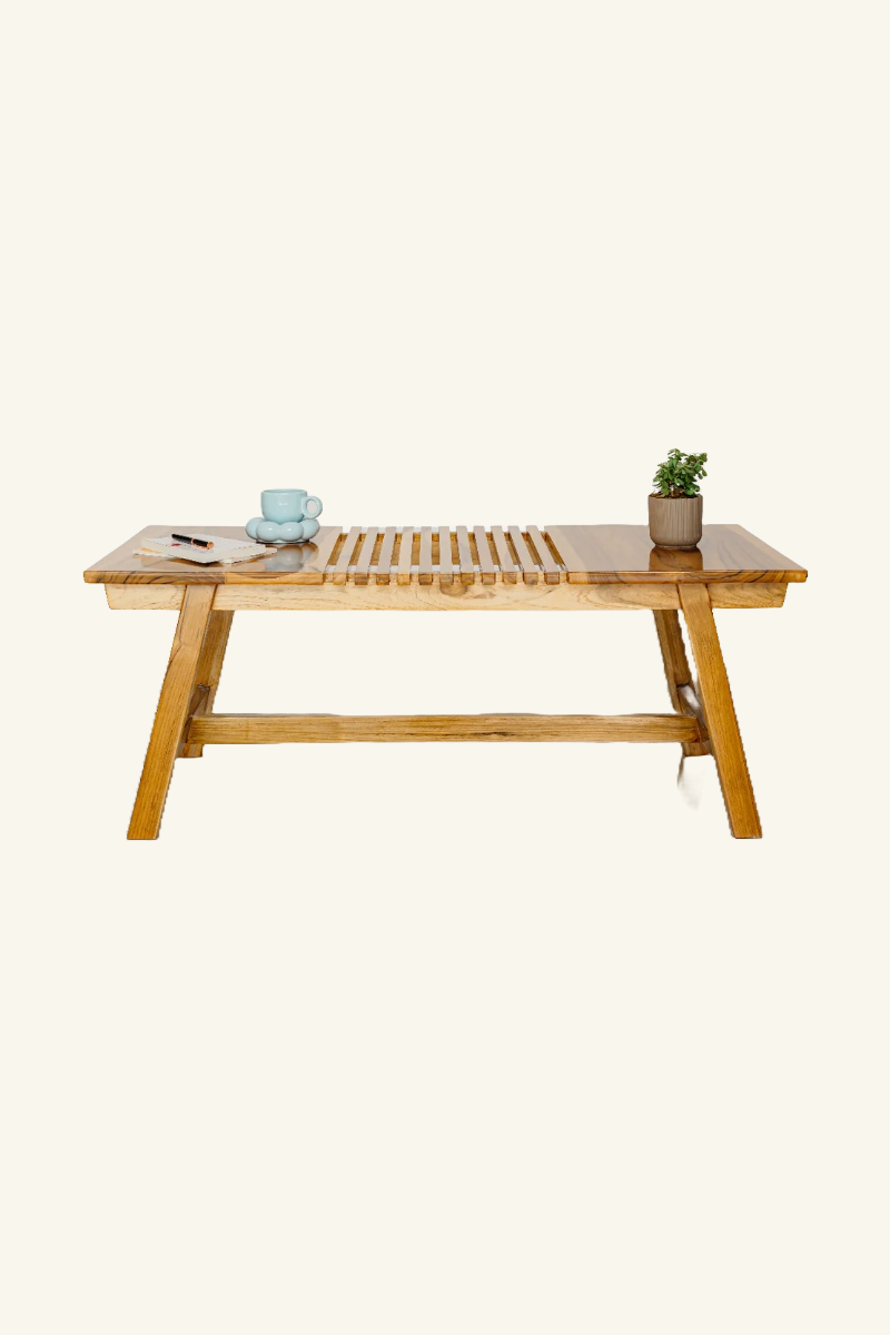 Wooden Coffee table with a plant , coffee mug and small items on it